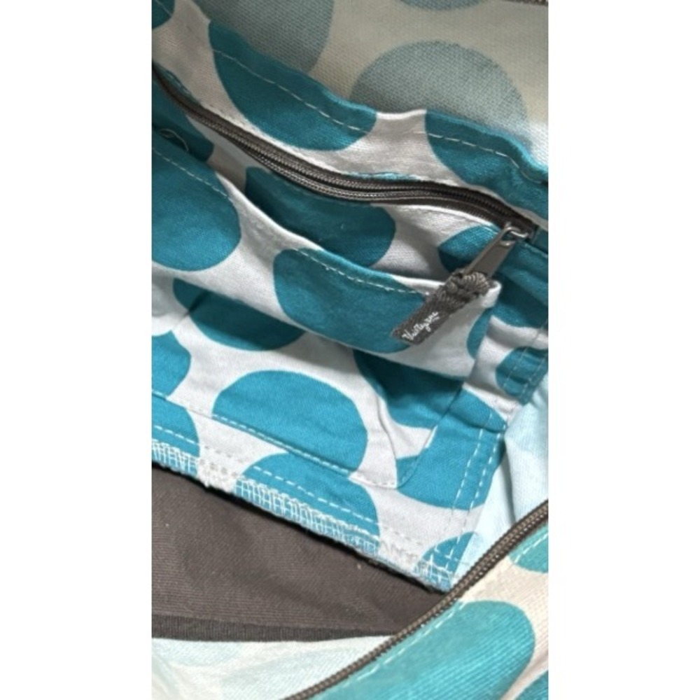 Thirty-One Canvas Tote Bag Womens Large Teal Polka Dot Brown Trim Zip Top - Picture 8 of 10
